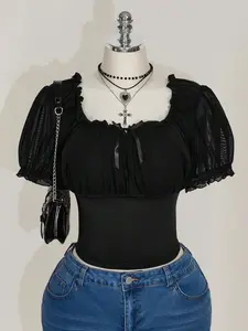 Plus Size Square Neck Ruffle Mesh Puff Sleeve T-Shirt, Cute Summer T-Shirt, Summer Vacation Goth Goth