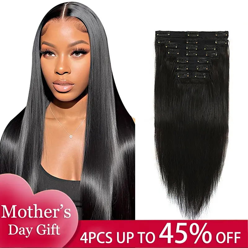 Lucile 8Pcs/Sets Clip In Hair Extensions Brazilian Human Hair Natural Color For Woman Human Hair Soft & Natural Straight Wave Clip In Hair Extension 12-24 Inch hair extent