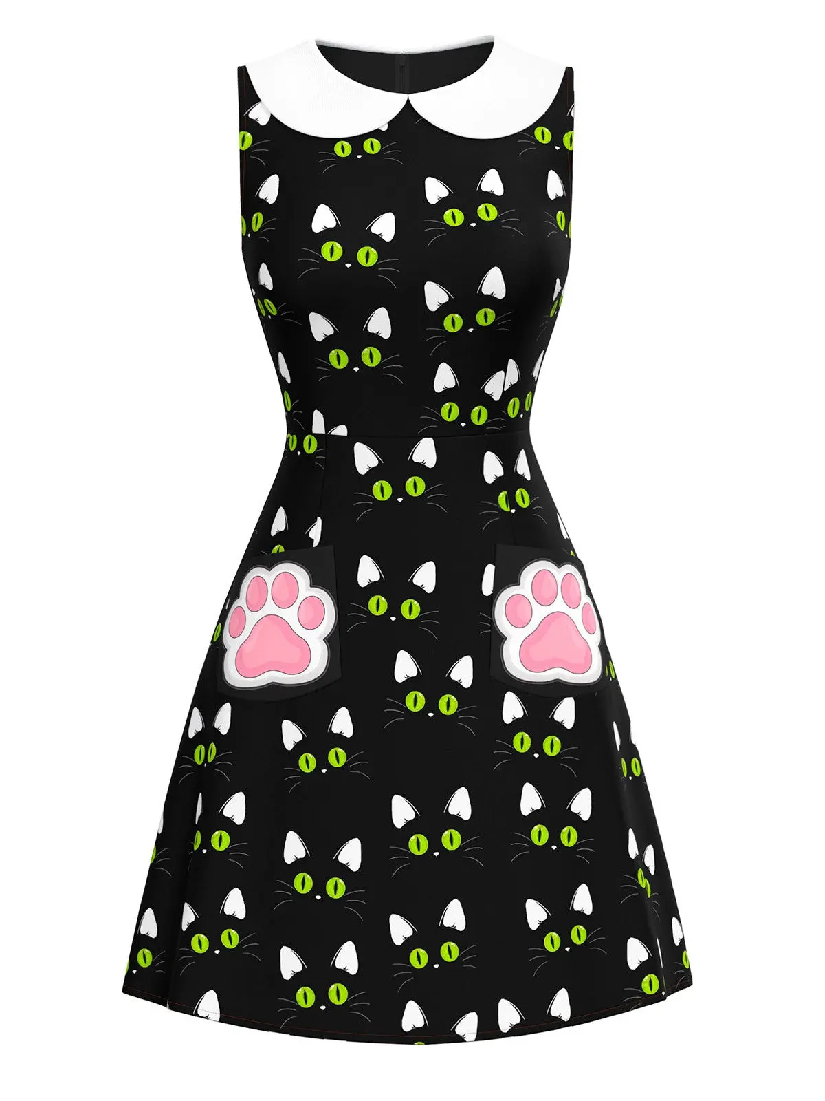 Black 1960s Halloween Gothic Cute Cat Print Paw Pockets Dress