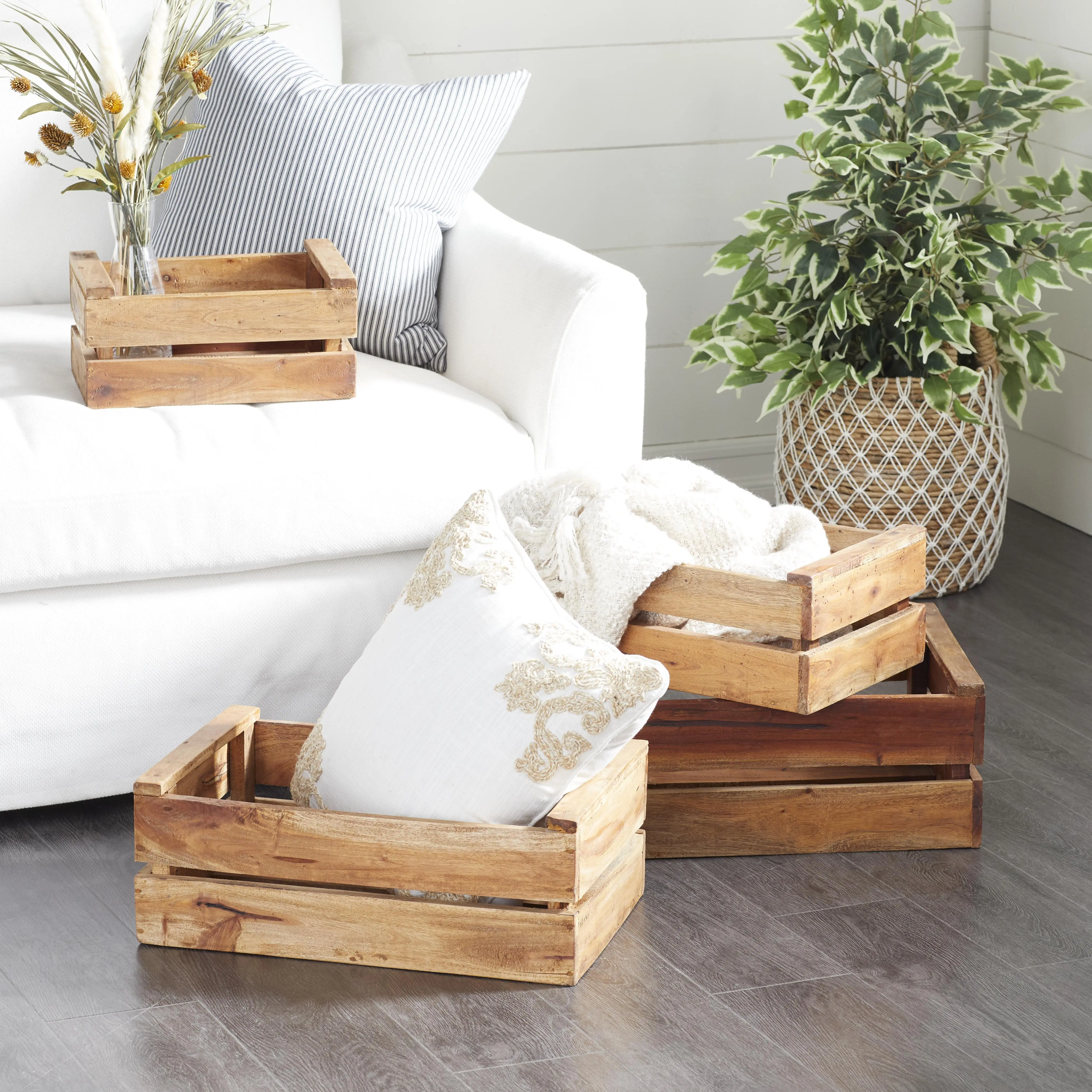 Rustic Farmhouse Decor Handmade Brown Wood Rectangular Crate Organiser - Decorative Functional Storage Basket Set of 4 (13",16",19.5",23"W) for Farmhouse Home Organization