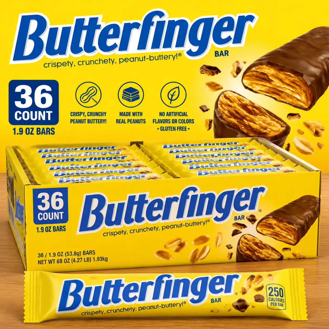 Butterfinger Peanut Butter Chocolate Candy Bar 1.9 oz 36 Count Crispy Peanut Butter Bars Butterfinger Peanut Butter Chocolate Candy Bar 1.9 oz 36 Count Crispy Peanut Butter Bars
