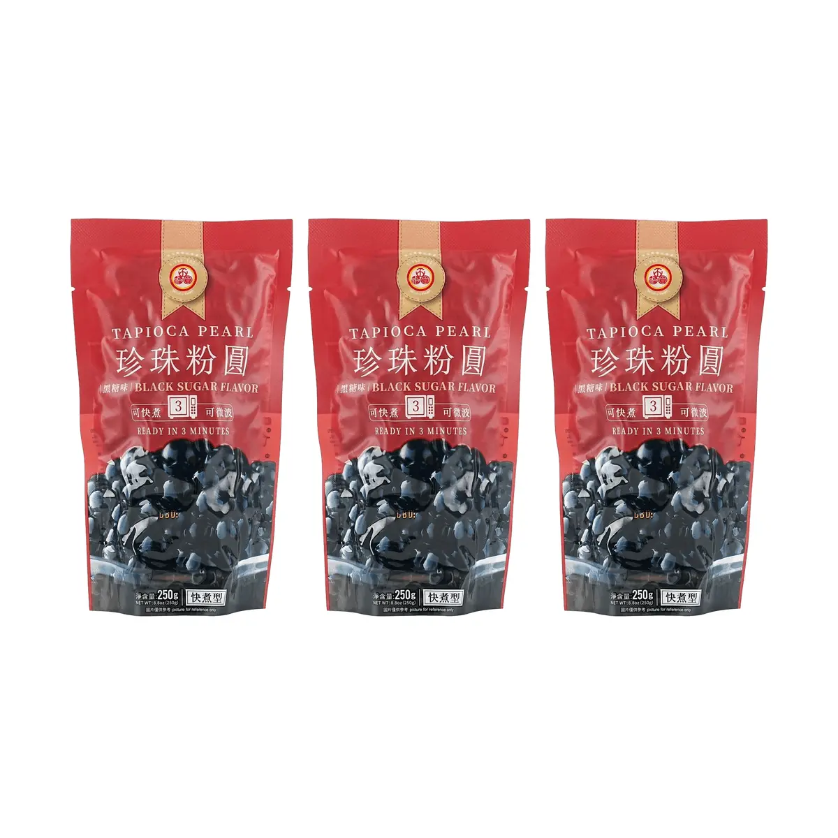 WuFuYuan Black Sugar Flavor Quick Cook Tapioca Pearls for Boba Tea - 3 Pack (250g Each)