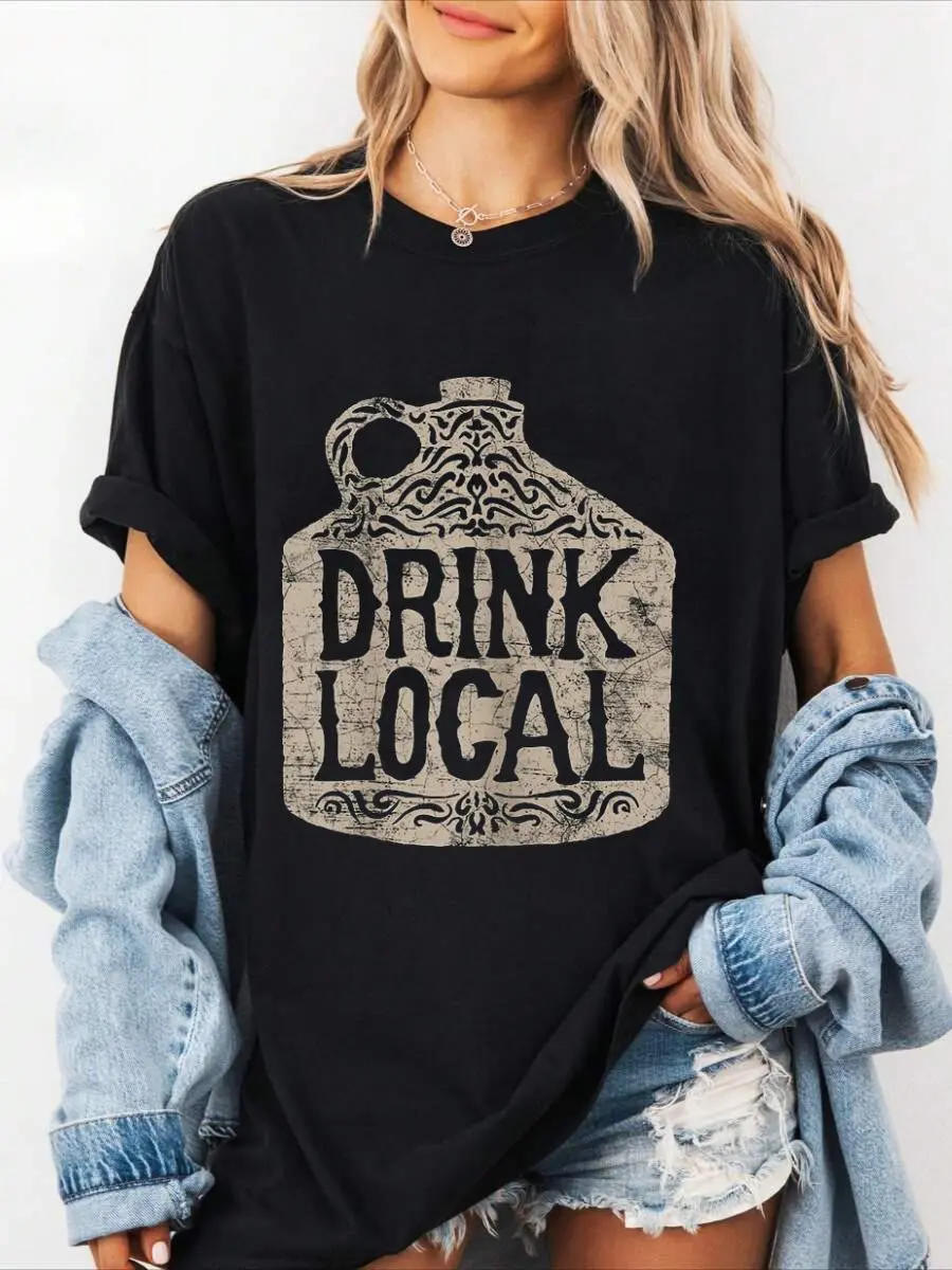 100% cotton Drink Local T Shirt Growler Brewery Craft Beer Lovers Gifts Women Graphic T-Shirt Cotton Print short Sleeve Casual Top, Summer Tee Womens Tops