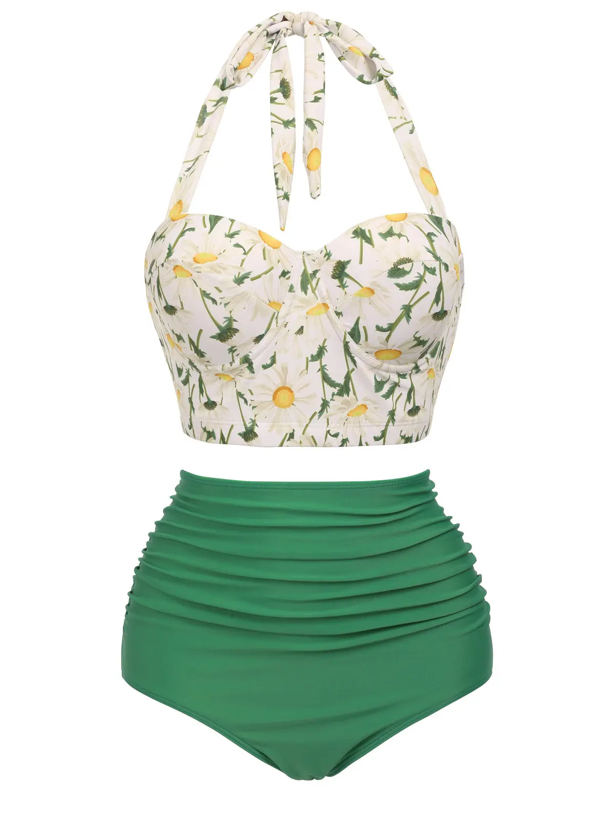 RETRO STAGE Women's 1950s High Waisted Bikini Sets - Halter Neck 2-Piece Polyester Stretch Flower Print Swimwear with 1950s Floral Charm, Cold Wash, Multi-Size, Medium Stretch, Resort Wear