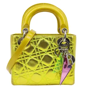 Pre-owned CHRISTIAN DIOR Metallic Leather Shoulder Bags Lady Dior Mini Shoulder Bag Neon Yellow