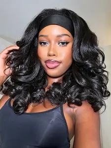Nature Black Yaki Curly Headband Wigs for Women Curly Ends Glueless Bob Wig Wear and Go Beginner Synthetic Wigs for Daily Party Used 16 inch Curly Hair Wigs