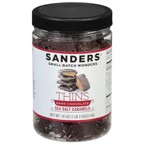 Sanders Dark Chocolate Sea Salt Caramel Thins 18 oz Tub Kosher No Artificial Colors No Preservatives Real Cream & Butter
