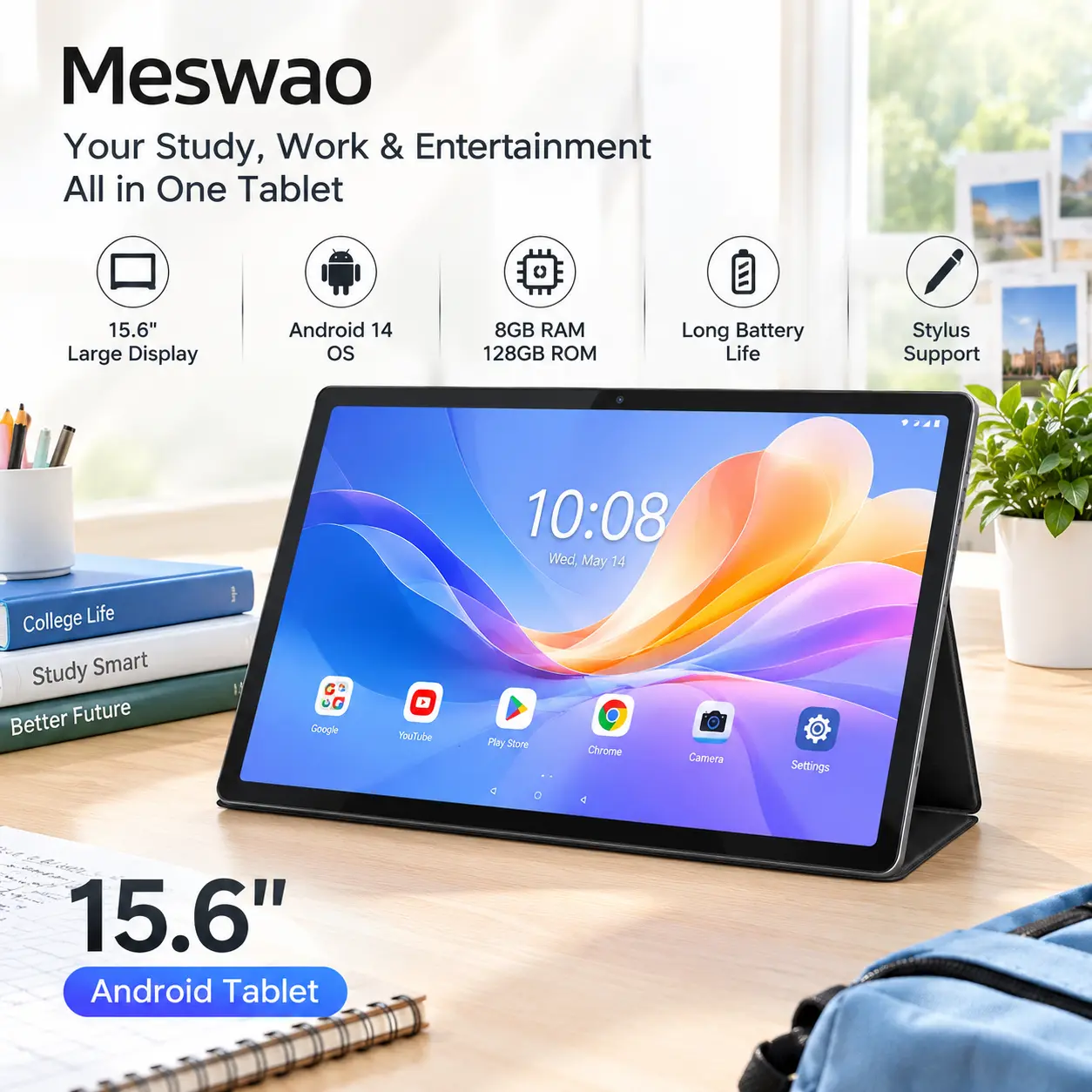 MESWAO 15.6" Back to School Study Tablet with FREE Stylus — Android 16, 12GB RAM, Large Screen for College Notes & Multitasking, Quad Speakers, WiFi, for Entertainment & Study, Space Gray