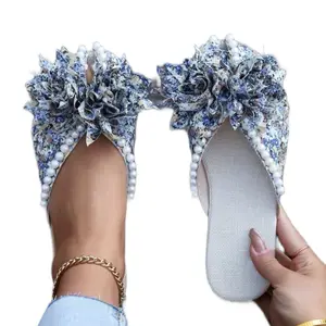 Women's Floral Print Faux Pearl Decor Flat House Slippers, Lightweight & Comfortable Indoor Footwear for Walking