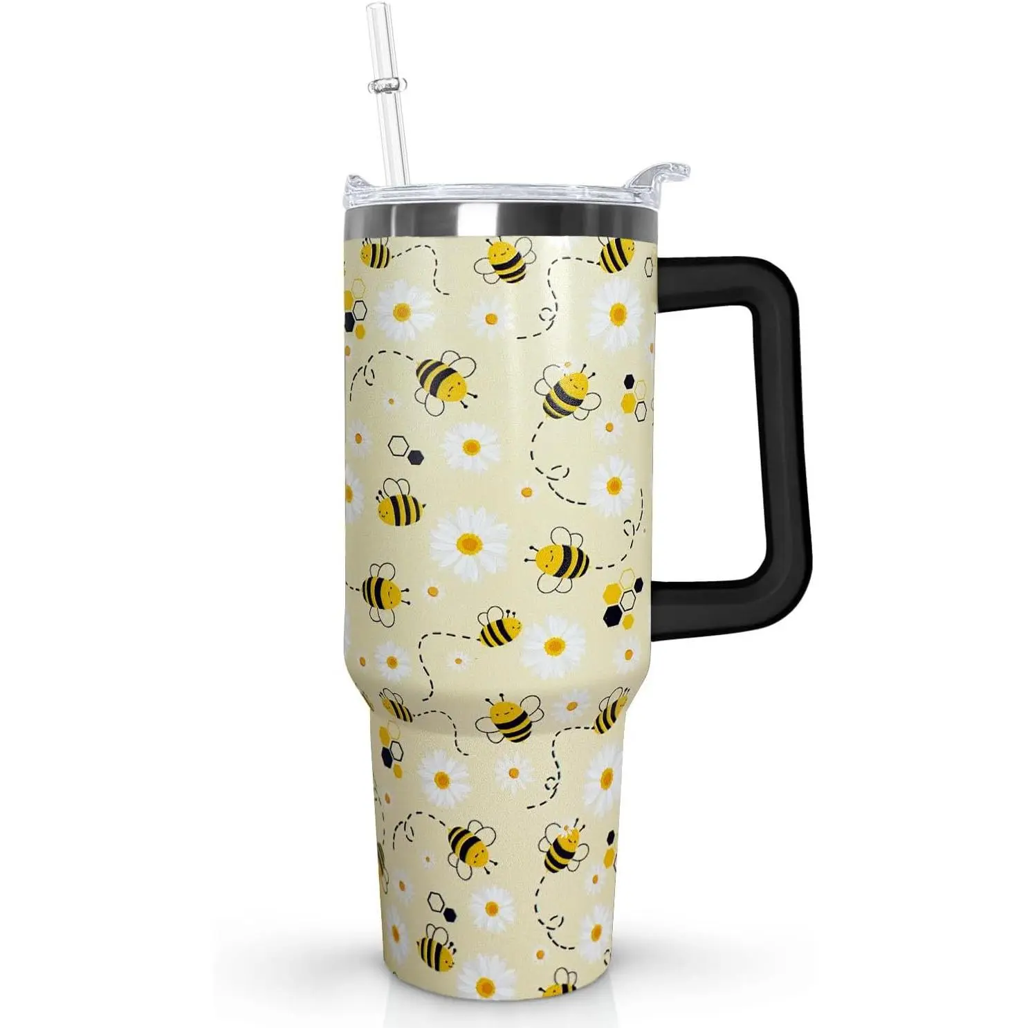 Ceovfoi 40oz Skinny Portable Vacuum Flask Tumbler Mug - Beverage Container with Handle, Transparent Lid, Straw, Queen Bee Honey Print, Daisy Decor - Mom/Best Friend Women's Birthday Gift Ideas
