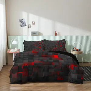 3pcs Cool Grid Geometry Digital Printed Duvet Cover Sets, Modern Bedding Set, Four-Season Products, In Red And Blue, With Four Sizes (Twin Bed, Double Bed, Queen Size Bed, King Size Bed) (1 Duvet Cover + 2 Pillowcases, No Filling)