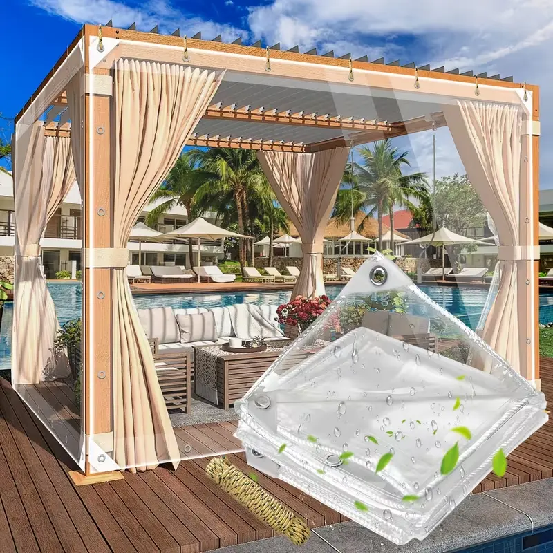 Rectangular PVC Thicken 14mil Waterproof Moisture-Proof Transparent Tarp with Grommets, Outdoor Patio Furniture Protection Cover for Henhouse, Porch Canopy