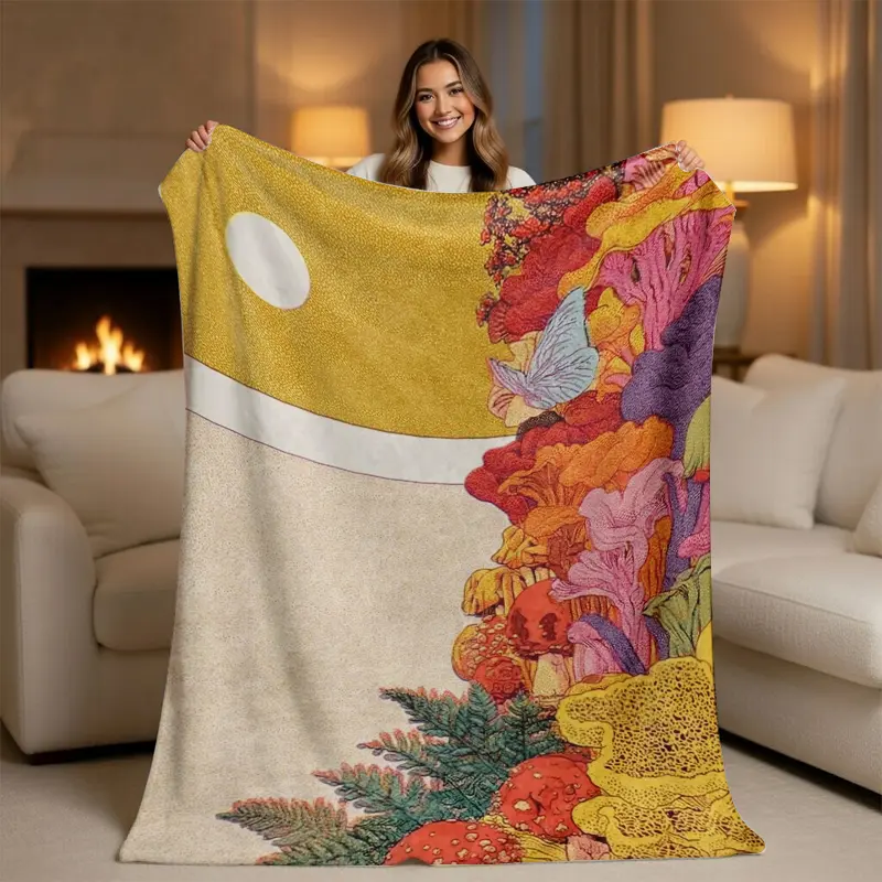 Aesthetic Mushroom & Butterfly Print Throw Blanket - Retro 70s Groovy Flower, Boho, Art Graphic, Bug-Themed Blanket, Cozy Vintage Cottagecore Linen for Room Decor & Gifting, Flower Blankets, Boho Blankets