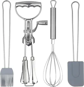 4 Pcs Rotary Egg Beater Set, Stainless Steel Manual Hand Mixer Baking Set for Blending Mixing, Including Hand Crank Egg Beater, Whisk, Silicone Brush and Spatula, Household Baking Accessories