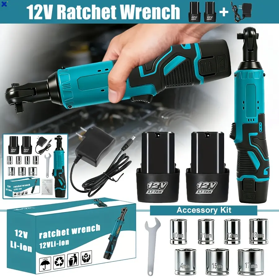 12V Cordless Brushless Electric Ratchet Wrench Kit, Rechargeable Ratchet Tool with Battery & Fast Charger, Great for Automotive Screw & Nut Repair