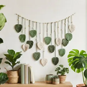 Bohemian Macrame Leaf Wall Hanging | Handmade Woven Tapestry with Wooden Beads | Green & Cream Boho Decor for Bedroom, Kitchen, Dining, Bathroom | Perfect Gift for Mom, Housewarming & Home Accents