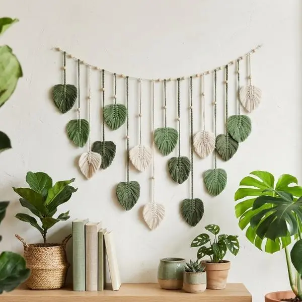 Bohemian Macrame Leaf Wall Hanging | Handmade Woven Tapestry with Wooden Beads | Green & Cream Boho Decor for Bedroom, Kitchen, Dining, Bathroom | Perfect Gift for Mom, Housewarming & Home Accents