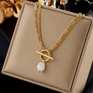 18K Gold Plated Double Chain Toggle Necklace with Pearl Waterproof Non Tarnish Stainless Steel Elegant Everyday Wear for Stylish Look cute fashion jewelry