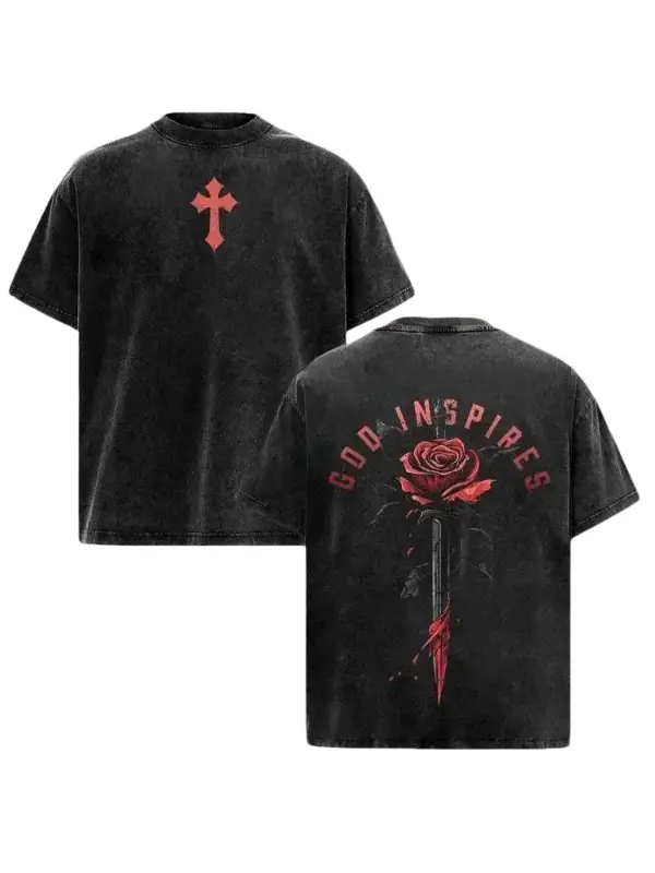 Men's Vintage Acid Washed Double-Sided Graphic Short-Sleeve T-Shirt - Round Neck, Pre-Washed Soft Premium Cotton, Relaxed Cut Faith Tee with "God Inspires" Rose Sword & Cross, Oversized Grunge Streetwear Casual Off-Campus Top Black