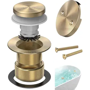 Brushed Gold Tub Drain Kit with Hair Catcher, Premium Brass Tip-Toe Bathroom Tub Drain Replacement and 2-Hole Overflow Faceplate, 11.5/16 UNC Bathtub Drain Stopper Assembly