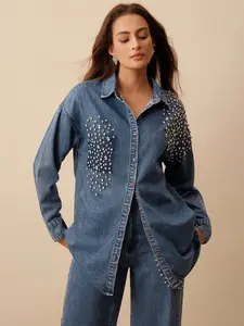 Anewsta Women's New Rhinestone Embellished Blue Denim Shirt, Suitable For Valentine's Day, Mother's Day, Party
