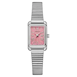 AMOVAN Silver Stainless Steel Mesh Band Watch with Pink Dial and Roman Numerals