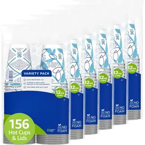 To Go Paper Coffee Cups With Lids, 12 oz, 156 Count (6 packs of 26 cups), Disposable Insulated Paper Cups for On-The-Go Hot or Cold Beverages