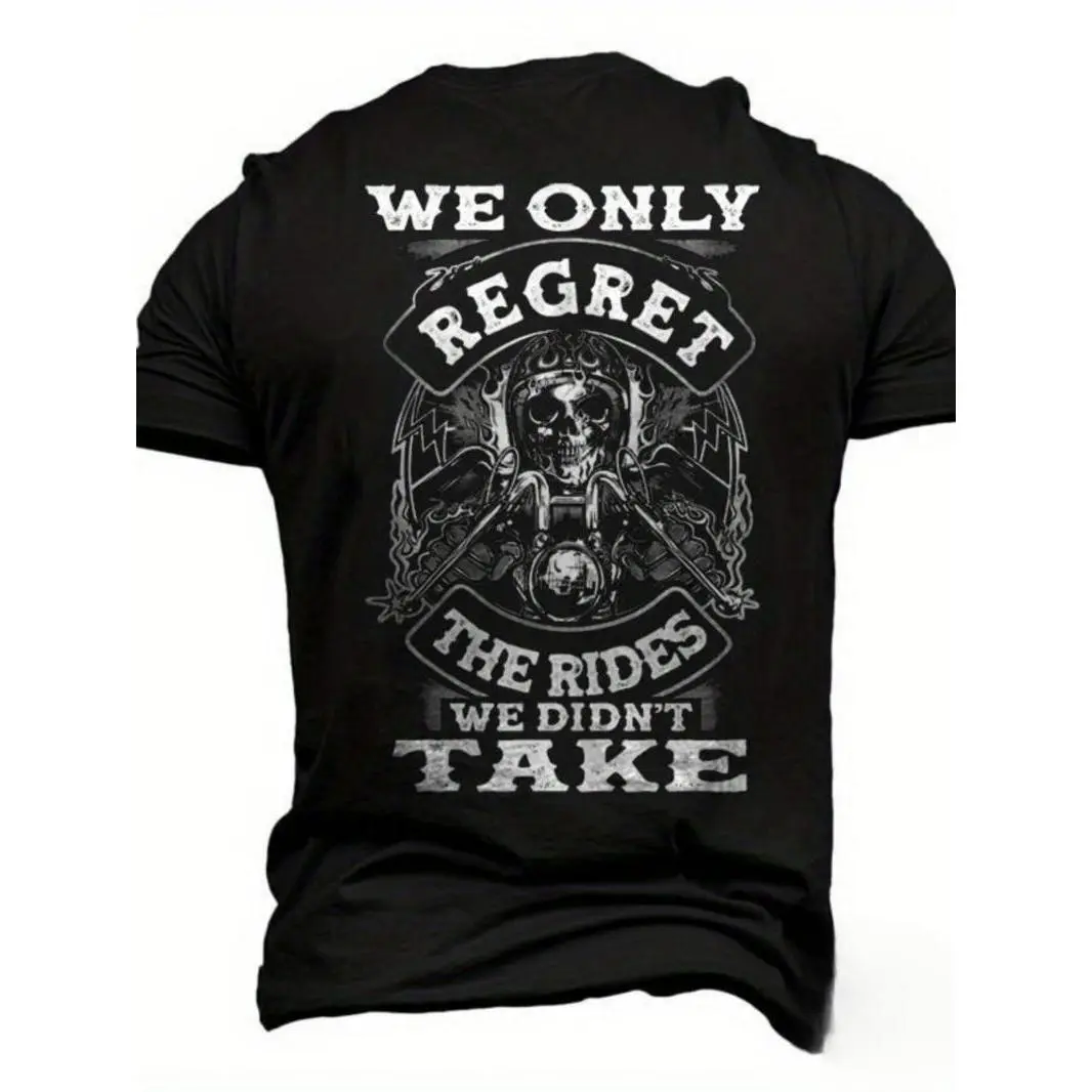 Men's Vintage Biker Skull Graphic T-Shirt - Washed Black Short-Sleeve Crewneck Breathable Fabric Streetwear Top for Riding, Rock Style Gifts, Tshirt, Shortsleeve, Menswear, Round Neck, Smooth, Casual