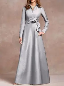 Commuter Elegant Grey Polyester Maxi Dress with Collar and Long Sleeves - Casual Comfort