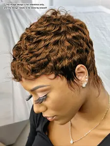 Women's Short Pixie Cut Human Hair Kinky Curly Wig with Bangs , Real Hair Wigs, Fashion Machine Made Wigs, 180% Density Colored Wig