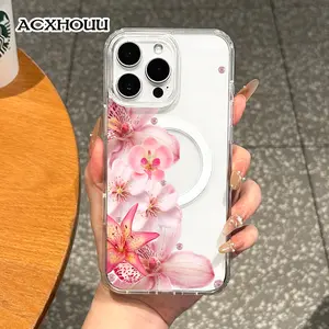 Girly Magnetic Case for iPhone11/12/13/14/15/16/17/promax, Pink Floral With Pearls MagSafe Ready, Slim Fit, Drop-Proof | Perfect for Soft Girl Aesthetic