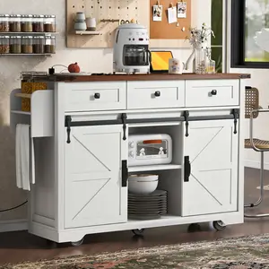 53.7" Farmhouse Kitchen Island with Power Outlet, 2 Sliding Barn Door Kitchen Storage Island with Drop Leaf, Spice Rack Rolling Kitchen Cart on Wheels, for Home, Kitchen and Dining Room, White