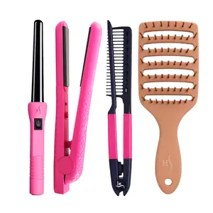 Styling Bundle – HerStyler Straightening Comb Pink, Colorful Seasons Flat Iron Pink, Grande Curls Curling Wand Pink & Vented Brush Pink (4-Piece Set)