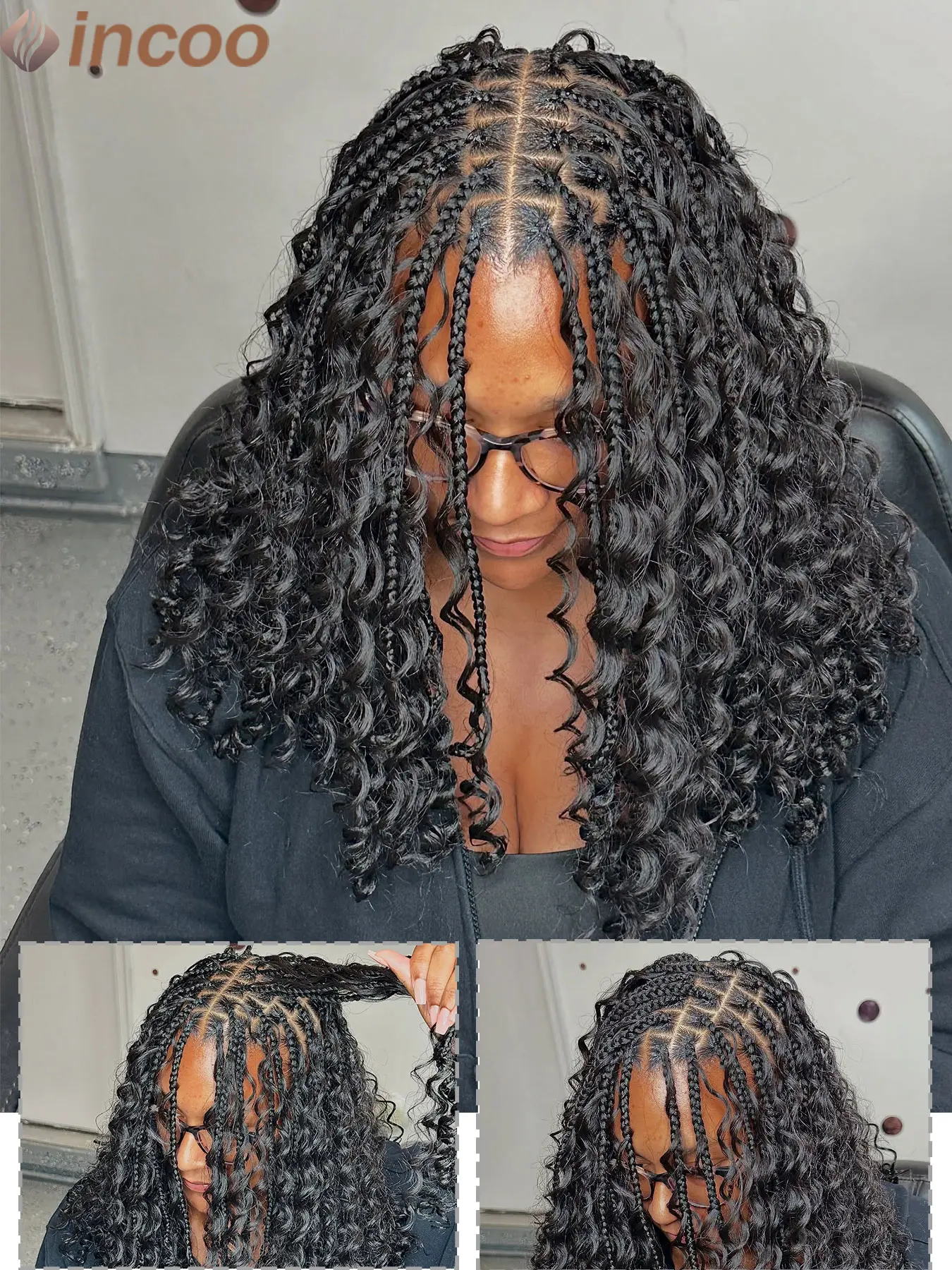 12 Inch Knotless Bob Boho Braided Wigs with Curly Ends, Full  display picture 3