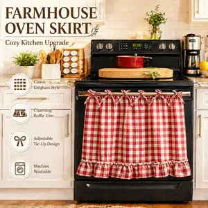 Country Style Oven Skirt Curtain–plaid Ruffled Oven Cover Cloth, Drawstring Design Cabinet Cover Cloth, Suitable for Kitchen Decoration, Stove Shield, Home Country Style Apron, Stove Top Cover, Machine Washable Cover, Decorative Cover