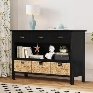 Vintage Farmhouse Wooden Storage Console Table with 3 Removable Woven Baskets