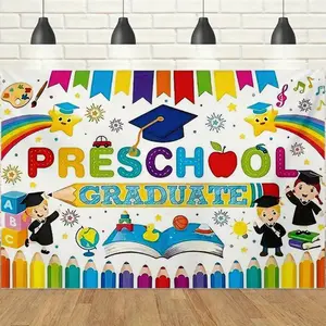 1pc 2D Preschool Happy Graduation Backdrop Banner, Cartoon Grad Cap Rainbow Pencil Elements, Playful & Childlike Style, Perfect for Preschool Graduation Ceremony, Graduation Party, Growth Memorial Event Decor, Photo Booth Prop