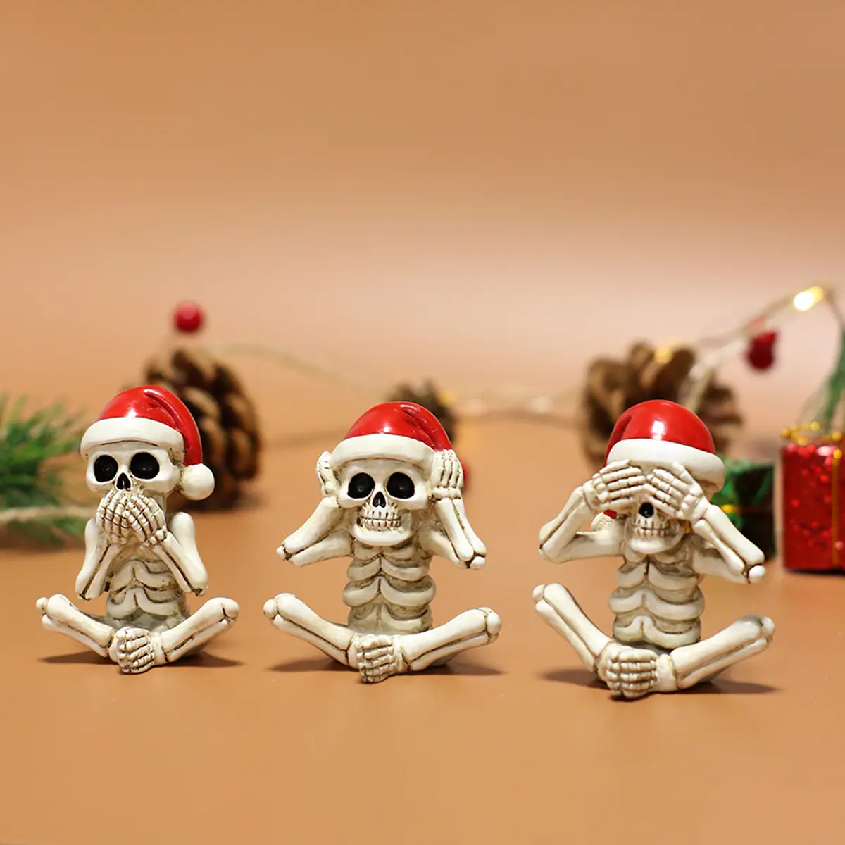 3pcs Gothic style cool combination of stone statues and ghosts, styles that don't listen/look/say, Halloween/Christmas decorations with Christmas hats, home statue ornaments, unique must-have for holiday parties, holiday gifts