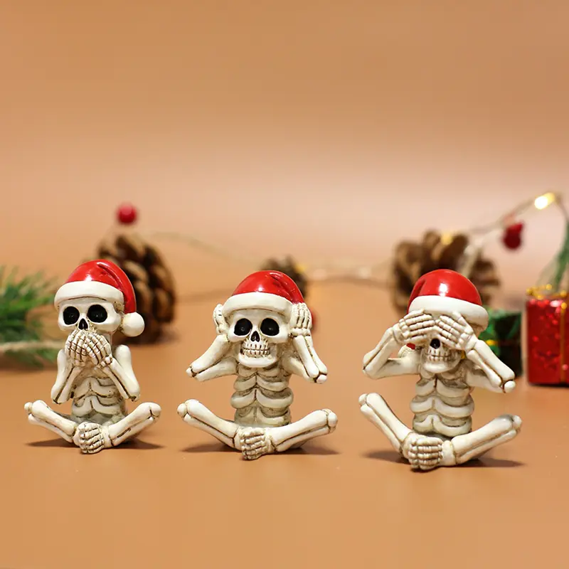 3pcs Gothic style cool combination of stone statues and ghosts, styles that don't listen/look/say, Halloween/Christmas decorations with Christmas hats, home statue ornaments, unique must-have for holiday parties, holiday gifts, Christmas Skull Set Three