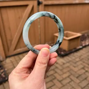 BW005-L Certified Untreated Grade A Jade Bracelet｜Round 56.5mm (Burmese Jadeite Bangle, Icy Blue Floral Pattern)