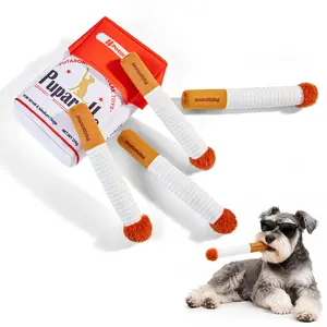 Potaroma Novelty Dog Gift Set 4 Squeaky Plush Puff Sticks + Treat Hiding Fabric Box, Cute Interactive Indoor Squeak Toys, Perfect Holiday Birthday Present for Gentle Small Medium Dogs