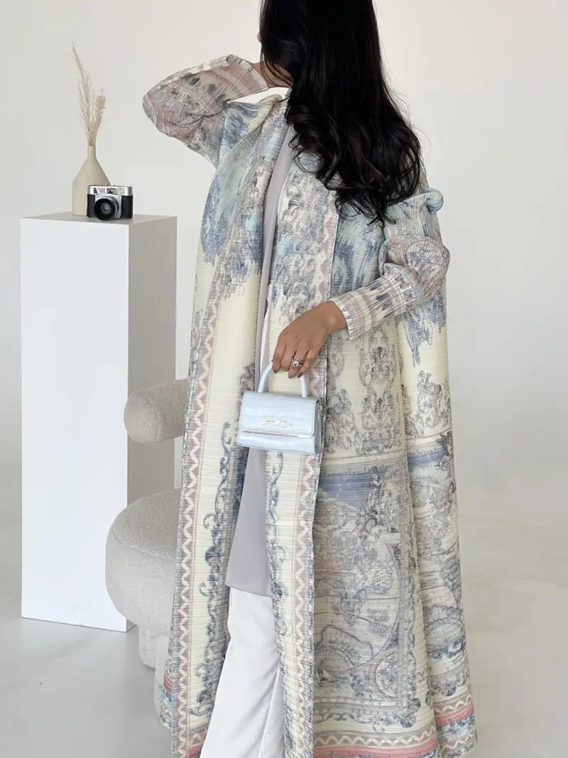 Miyake Women's Baroque Printed Abaya Coat, Loose-Fitting Ethnic Style, Pleated Belted Design, All Seasons Fashion Essential