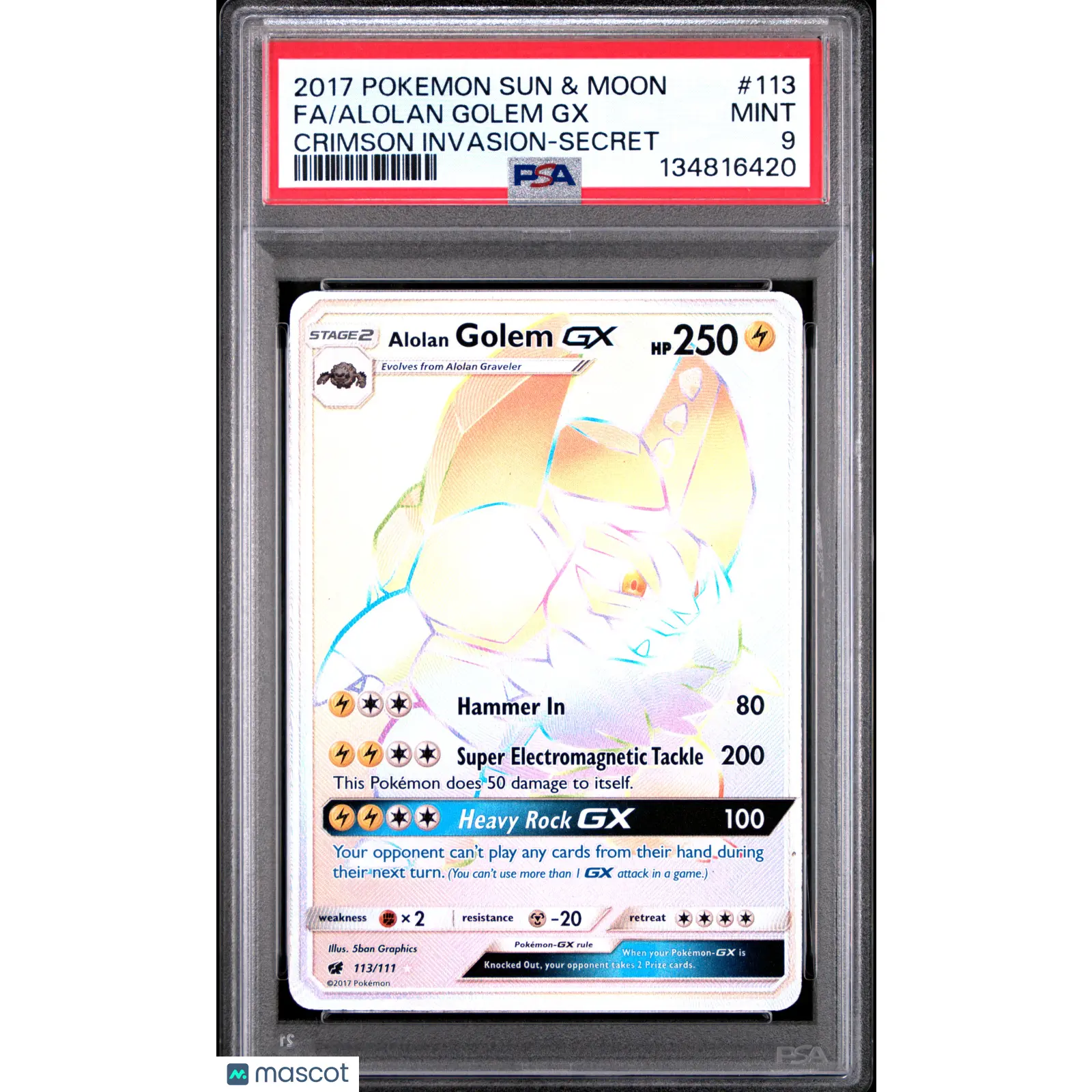 2017 Pokemon Sun & Moon Crimson Invasion Alolan Golem GX #113 9 Secret FA