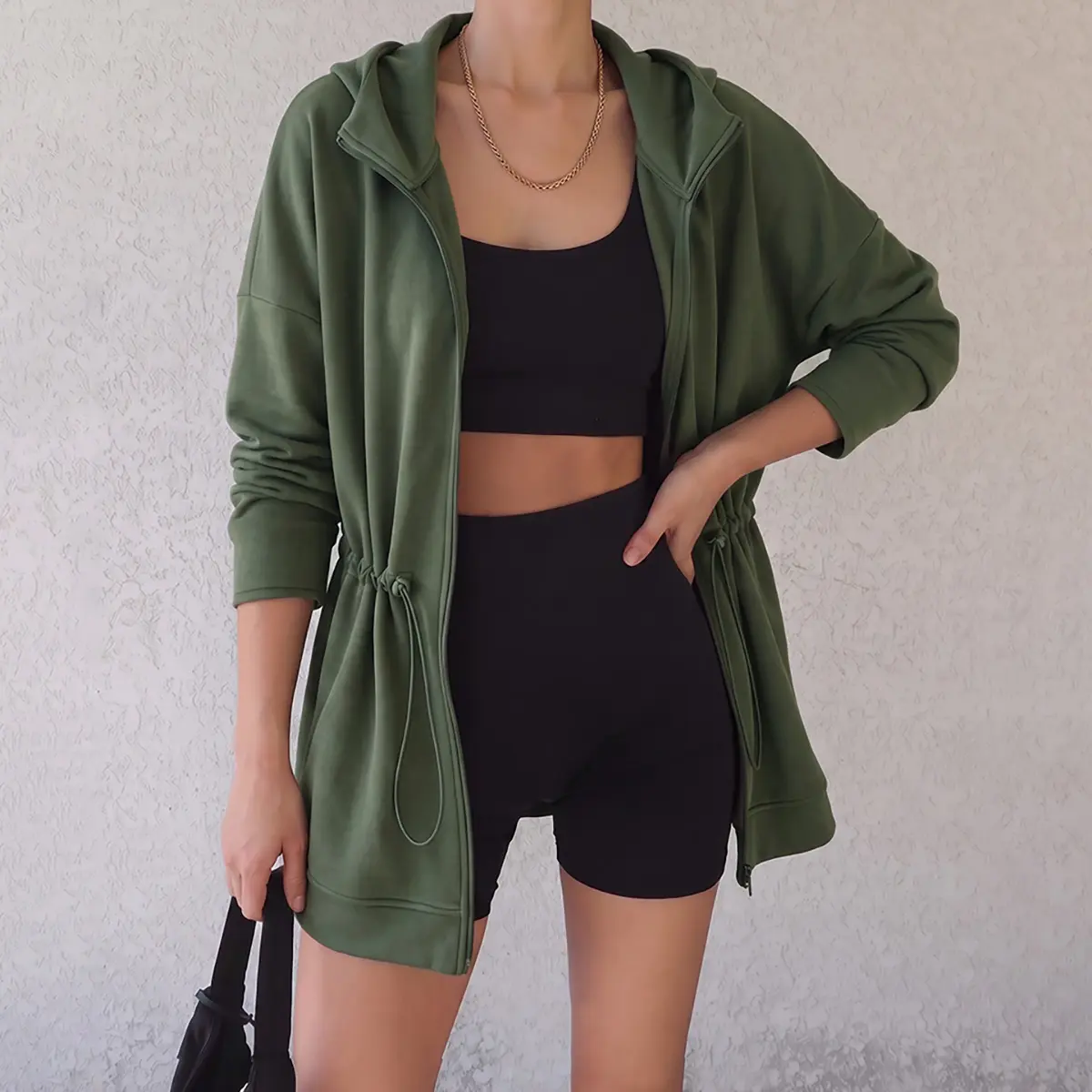 CHICME Long Sleeve Waist Drawstring Hooded Coat Casual Loose Fit Cardigan Jacket with Pockets