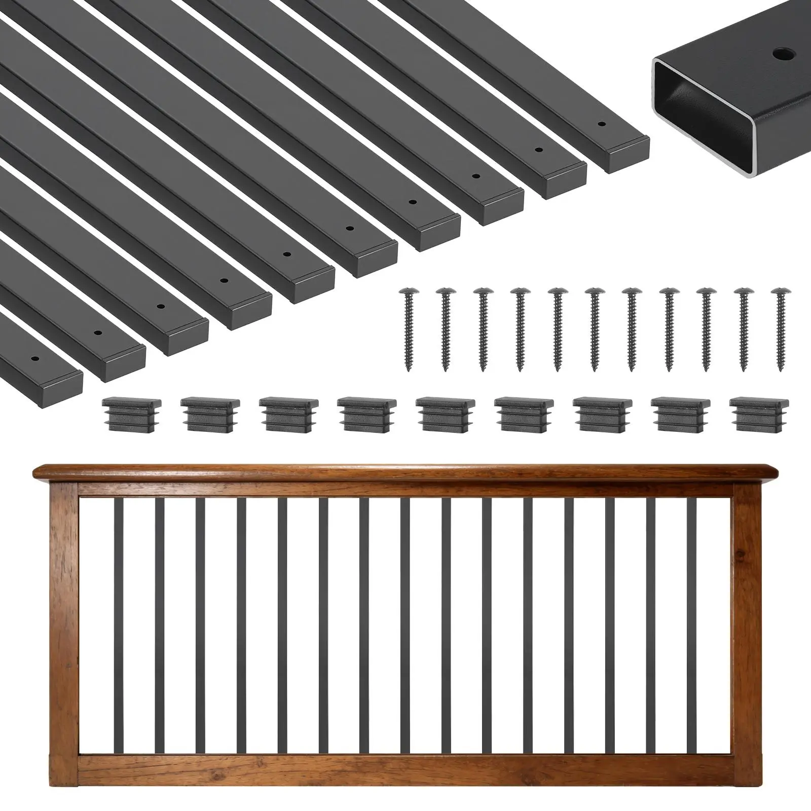 VEVOR 61-Pack Outdoor Water Resistant Galvanized Steel Deck Balusters Kit, 32.28 in Hollow Rectangular Spindles with Pre-Drilled Hole, End Caps, Screws, Railing Support for Deck, Porch