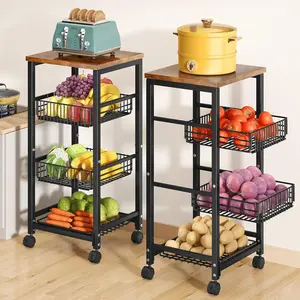Fruit Basket Vegetable Stand for Kitchen Pantry, Pull Out Metal Wire Basket with Wood Top for Fruit Vegetable Onions Potatoes Snacks