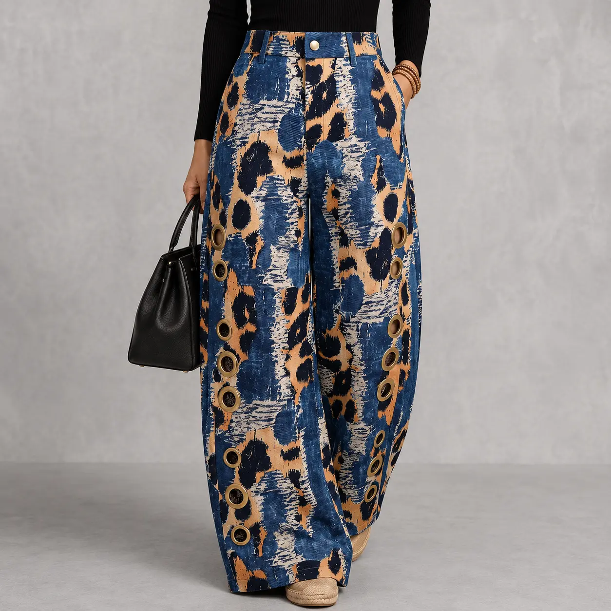 Women's High-Waisted Wide-Leg Leopard Print Pants - Womenswear Bottoms with Zipper, Side Slits, Patchwork Design, Cutout Details, Buttons