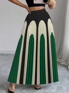 Women's Elegant Geometric Print Pleated Skirt, Fitted Long Maxi Skirt for All Seasons, Formal & Casual Wear, Easy Care Fashion Bottoms
