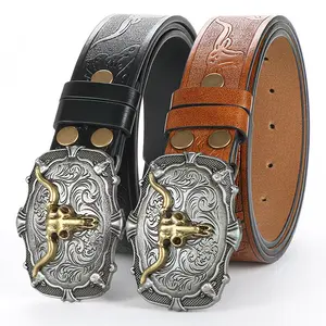 Men's Western Cowboy Faux Leather Belts with Bull Buckle Durable Embossed Floral Design in Black & Brown Perfect for Western Events