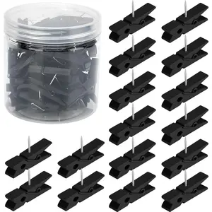 60 Pieces Black Cute Decorative Push Pins with Wooden Clips, Clothespin Thumb Tacks for Cork Board, Bulletin Board, Photos, Crafts, Classroom Office Decoration